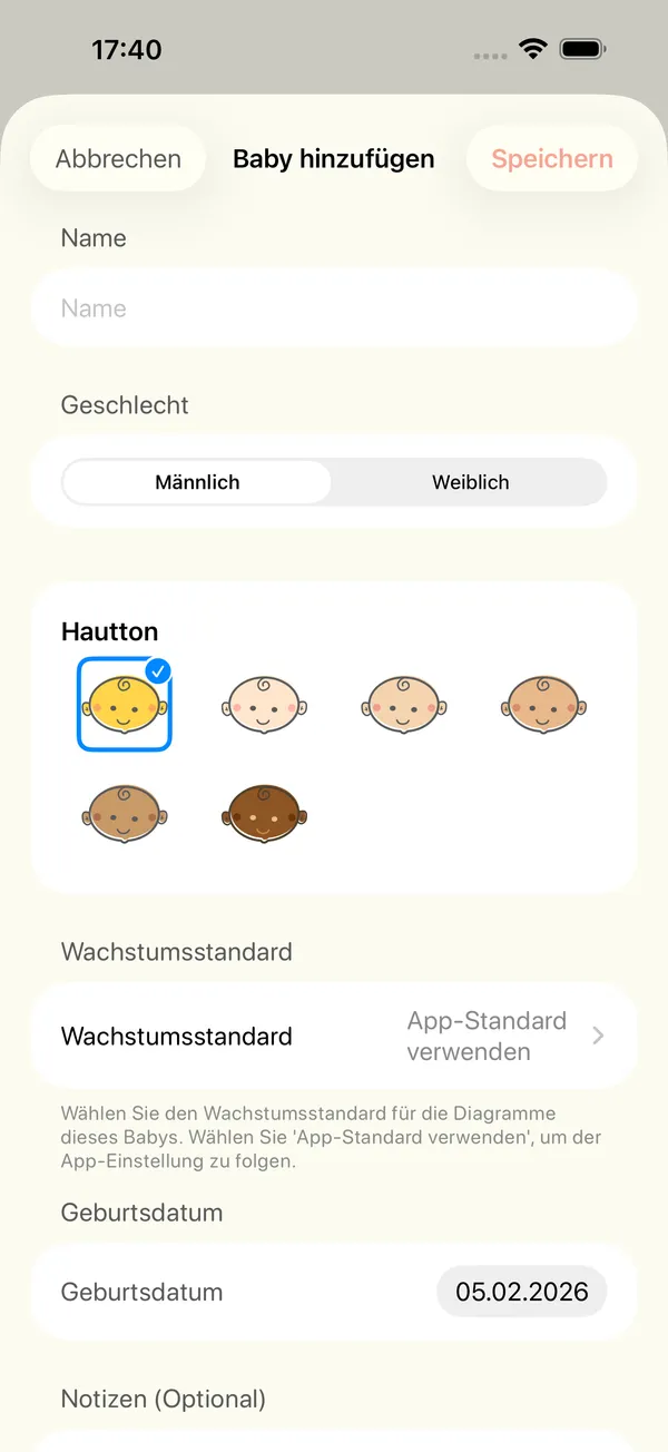 Das Formular für ein neues Baby mit Name, Geschlecht, Hautton und Wachstumsstandard