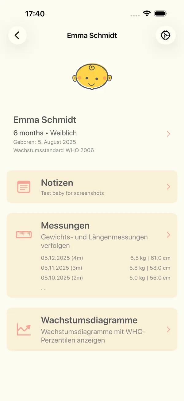 Die Seite eines Babys mit Notizen, Messungen und Wachstumskurven