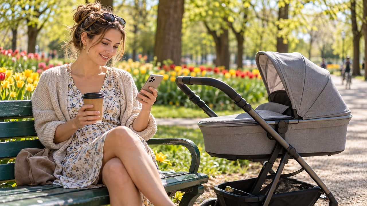Ein Elternteil auf einer Parkbank mit Kinderwagen, den Blick auf dem Handy
